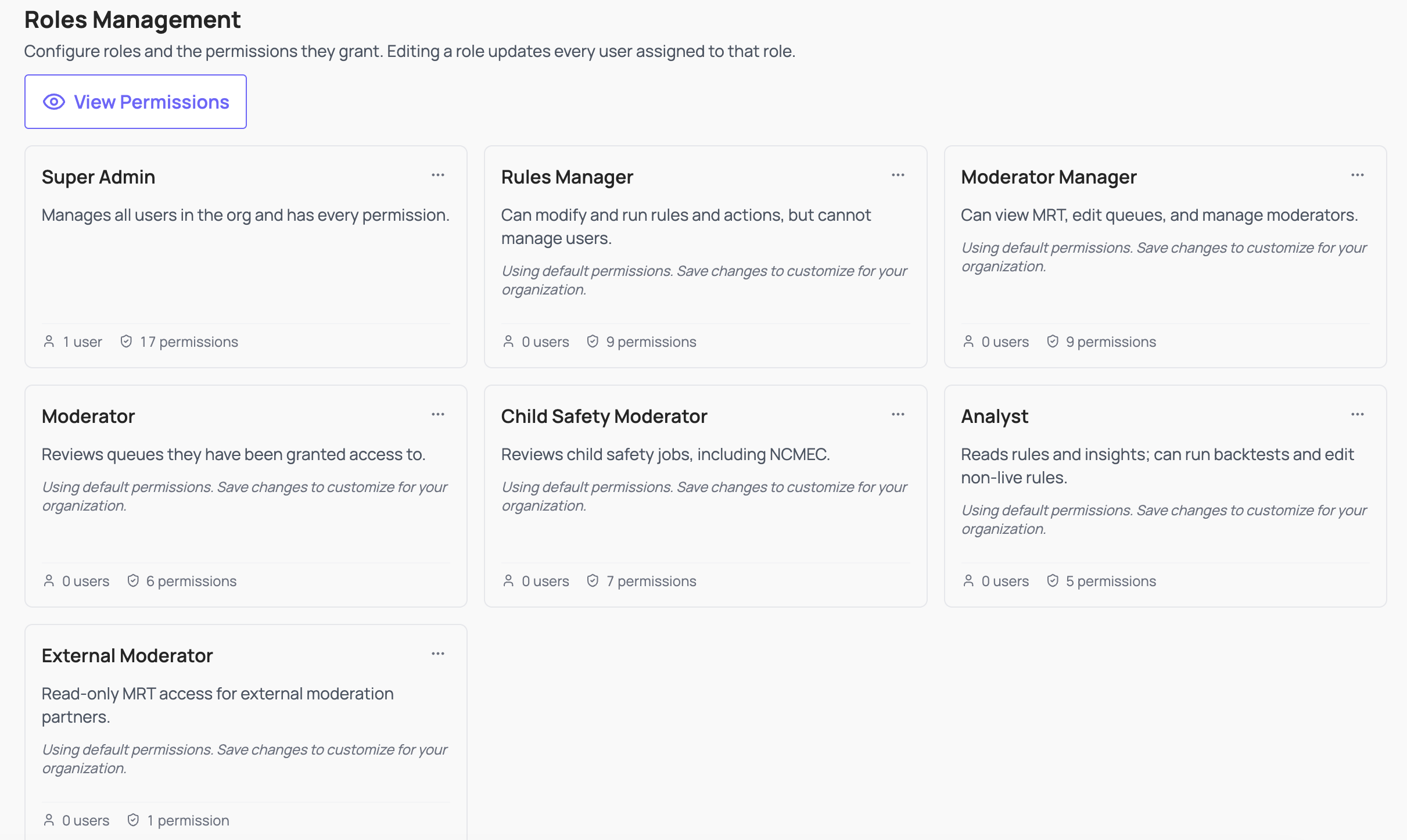 Roles Management tab showing role cards for each of the seven default roles, with name, description, user count, and permission count