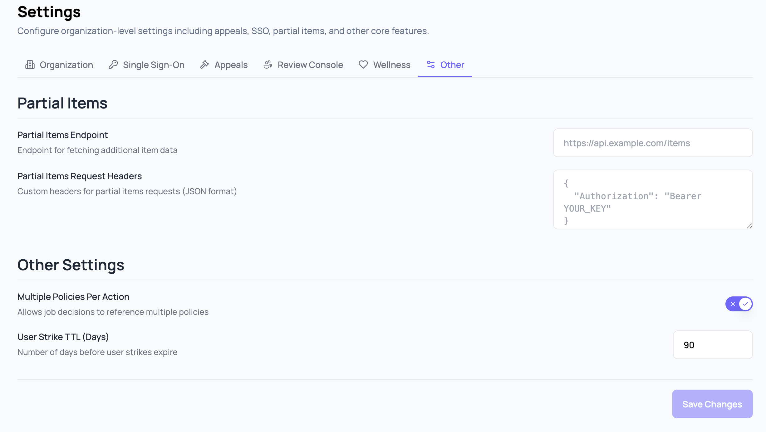 Other tab in Settings with fields for Partial Items Endpoint, Partial Items Request Headers, plus toggles for Reporting Rules, Multiple Policies Per Action, and a User Strike TTL number input