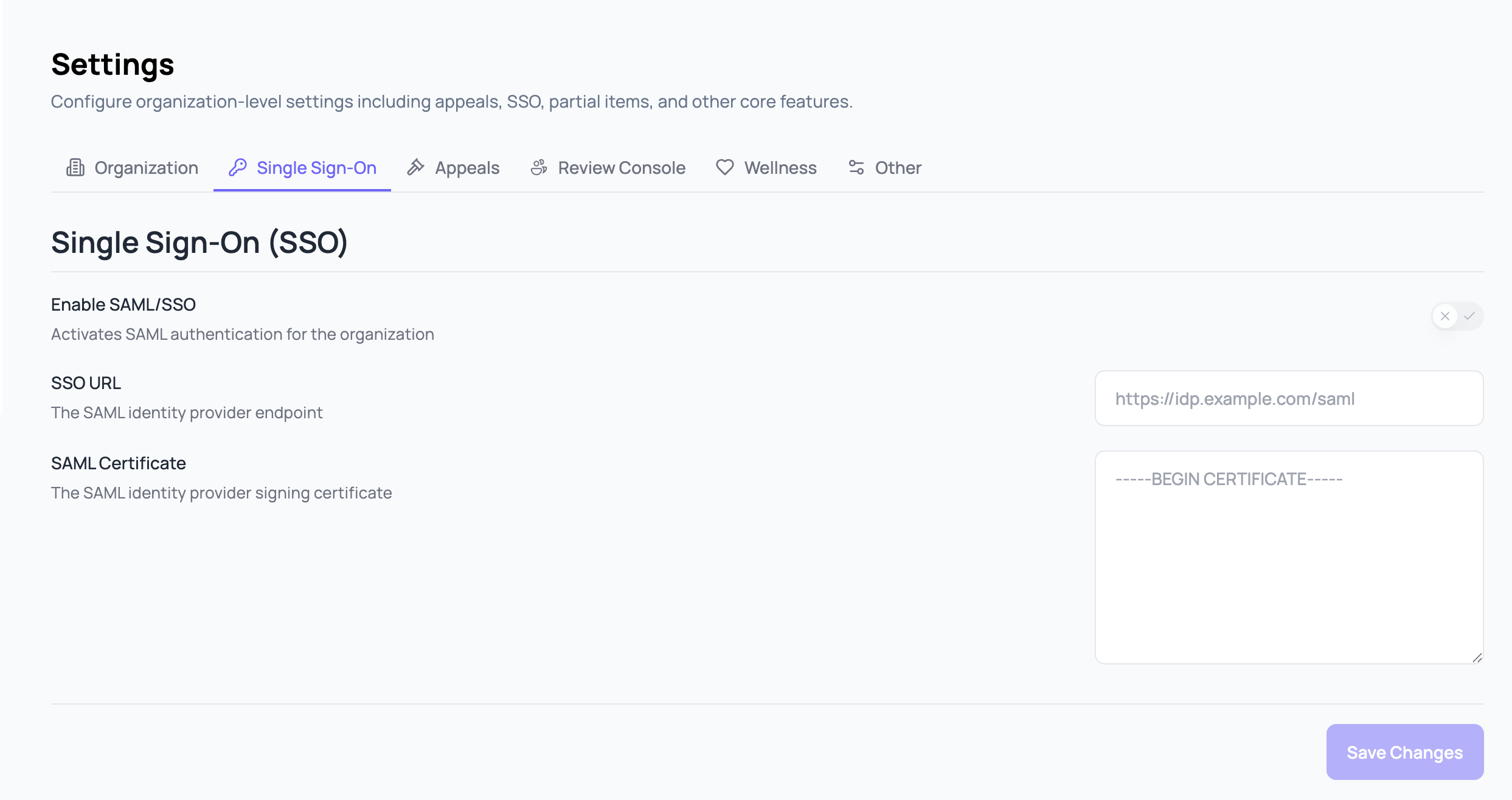 SSO tab in Settings, showing the SAML/SSO enable toggle and fields for SSO URL and SAML Certificate