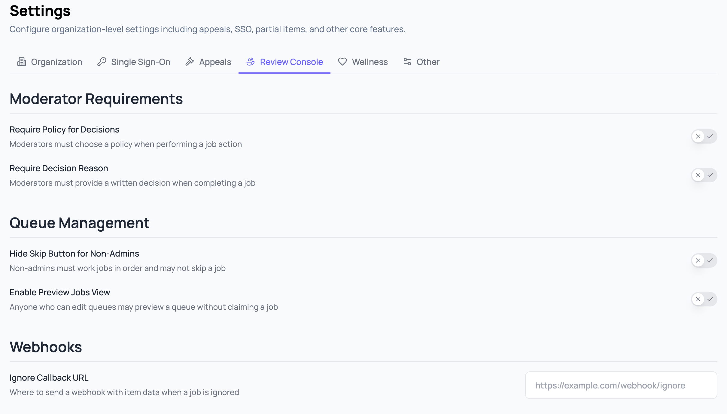 Review Console tab in Settings with toggles for Require Policy, Require Decision Reason, Hide Skip Button, Enable Preview Jobs View, plus an Ignore Callback URL field