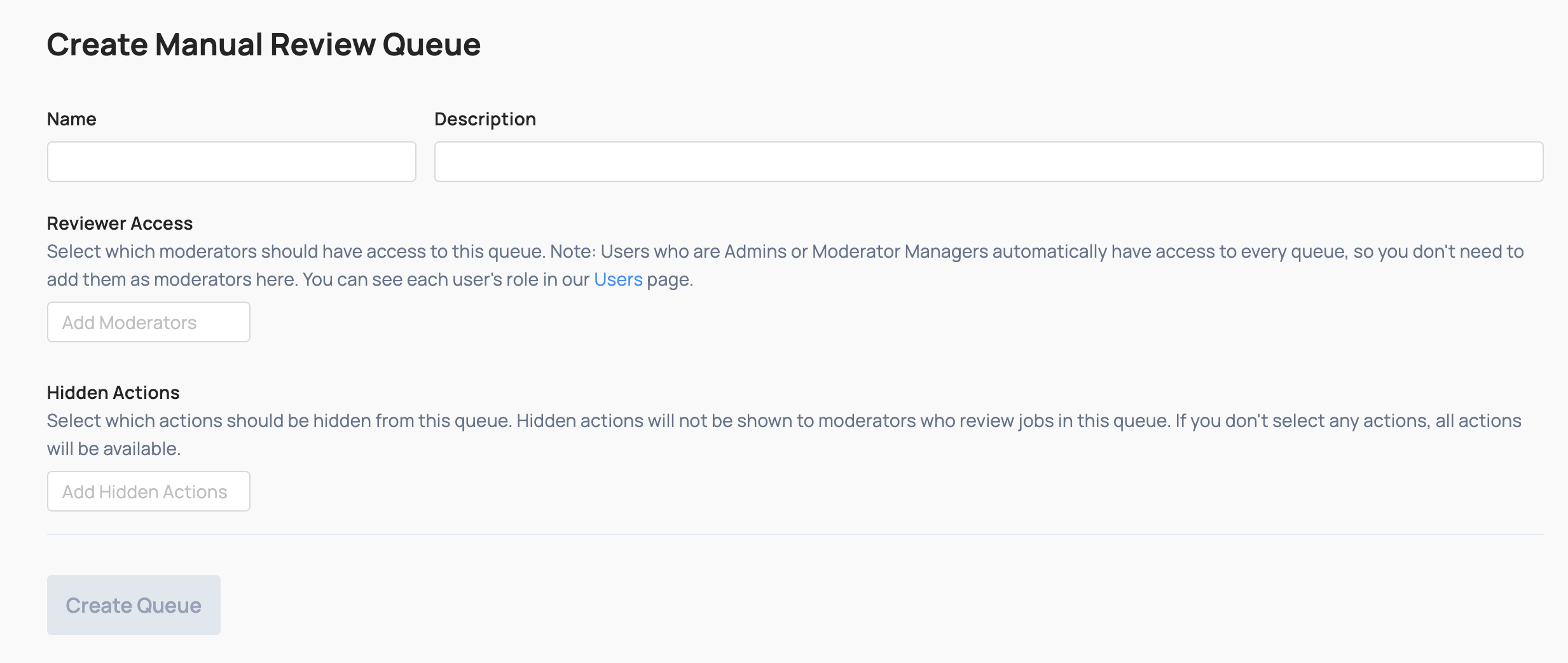 Creating a queue in Coop, showing fields for name and hidden actions