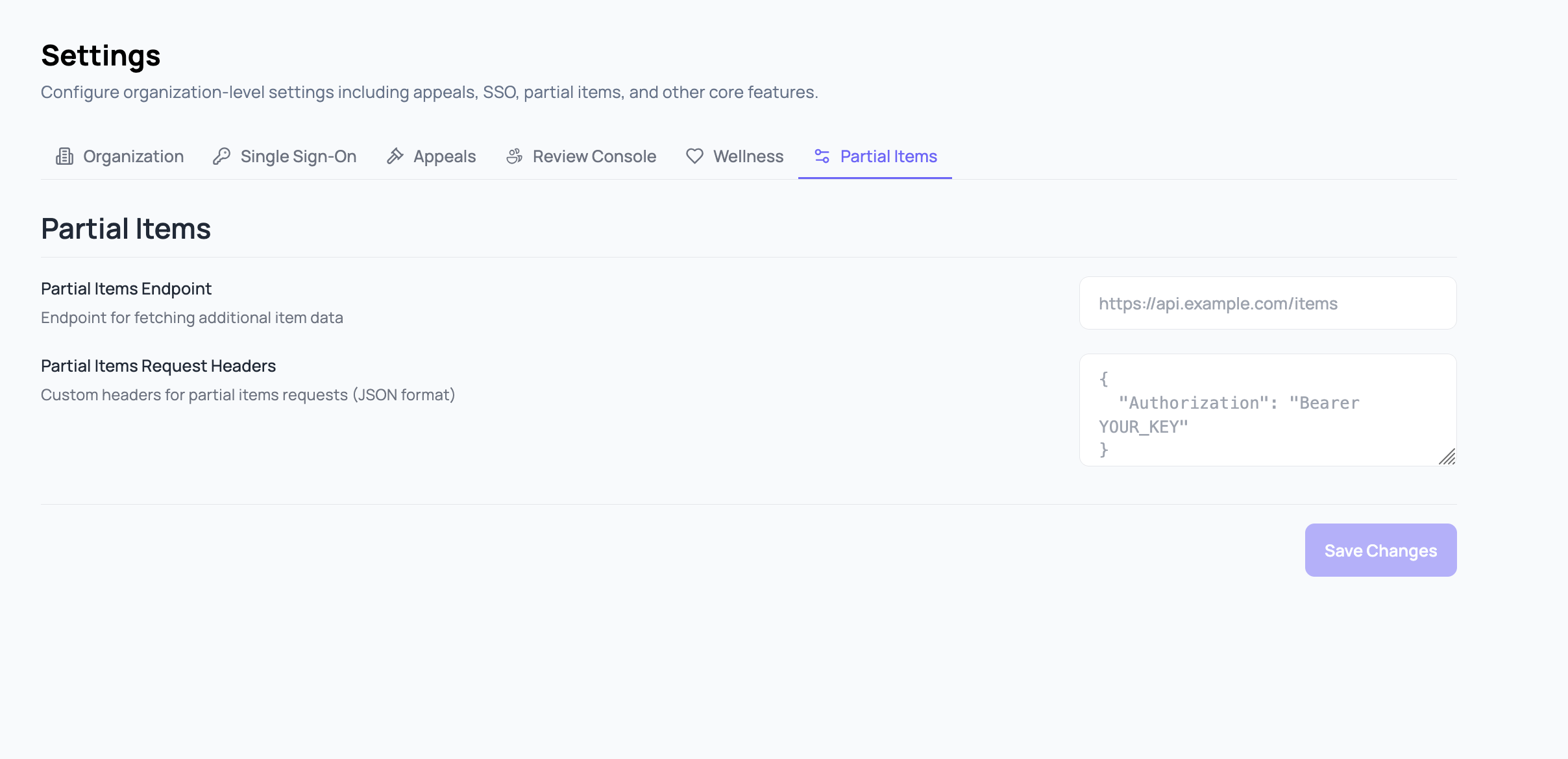 Partial Items tab in Settings with fields for Partial Items Endpoint and Partial Items Request Headers