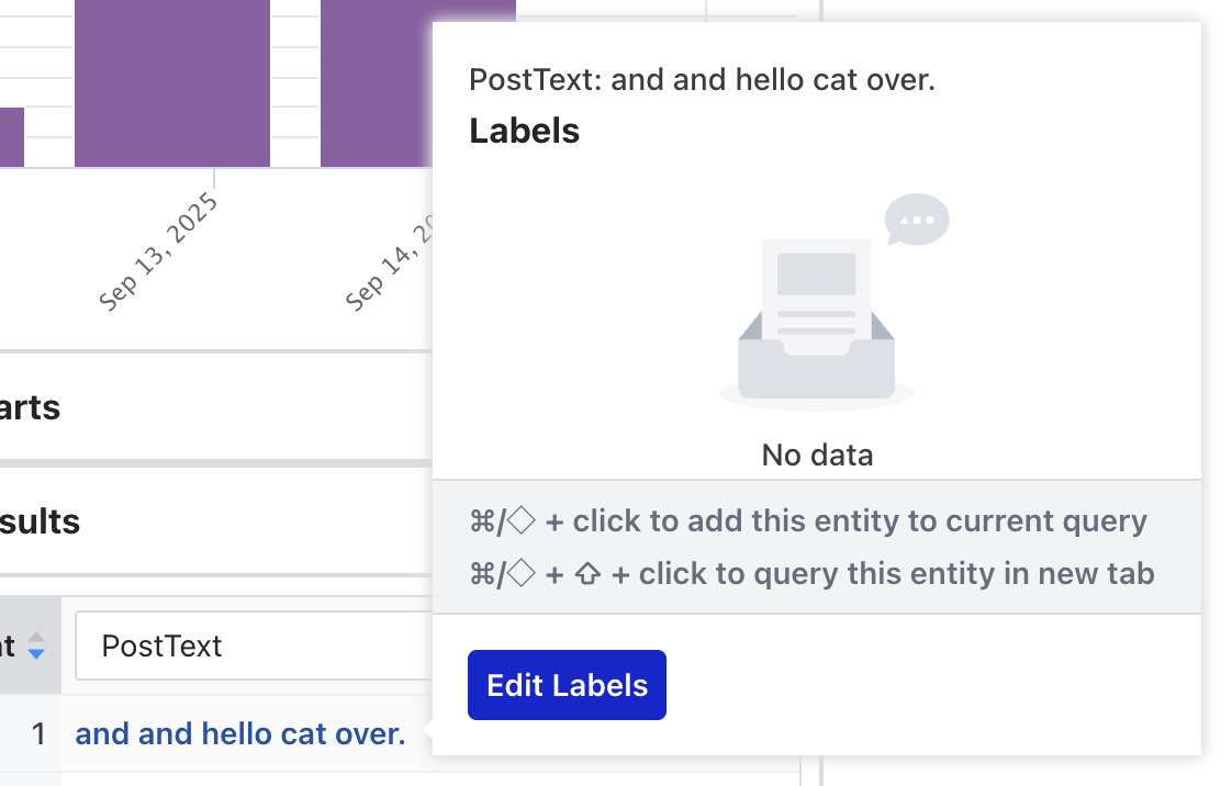 The label popup for a PostText entity in a Top N table, with keyboard hints for adding the entity to the query and an Edit Labels button