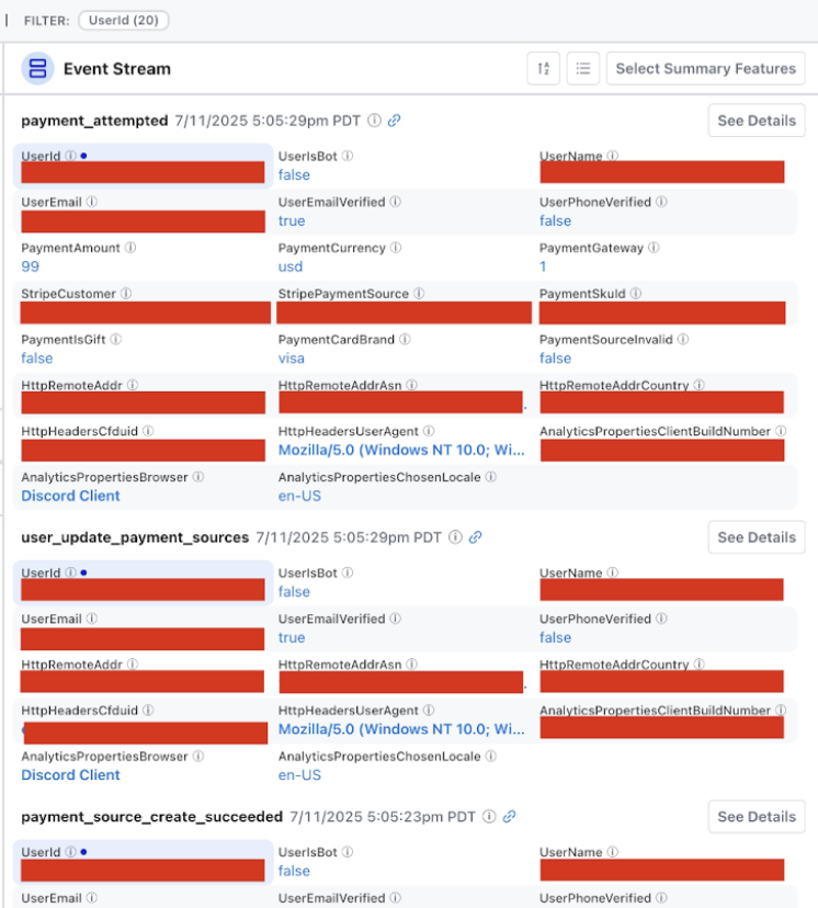 The Event Stream filtered to one UserId, showing payment events as cards listing each extracted feature, with sensitive values redacted