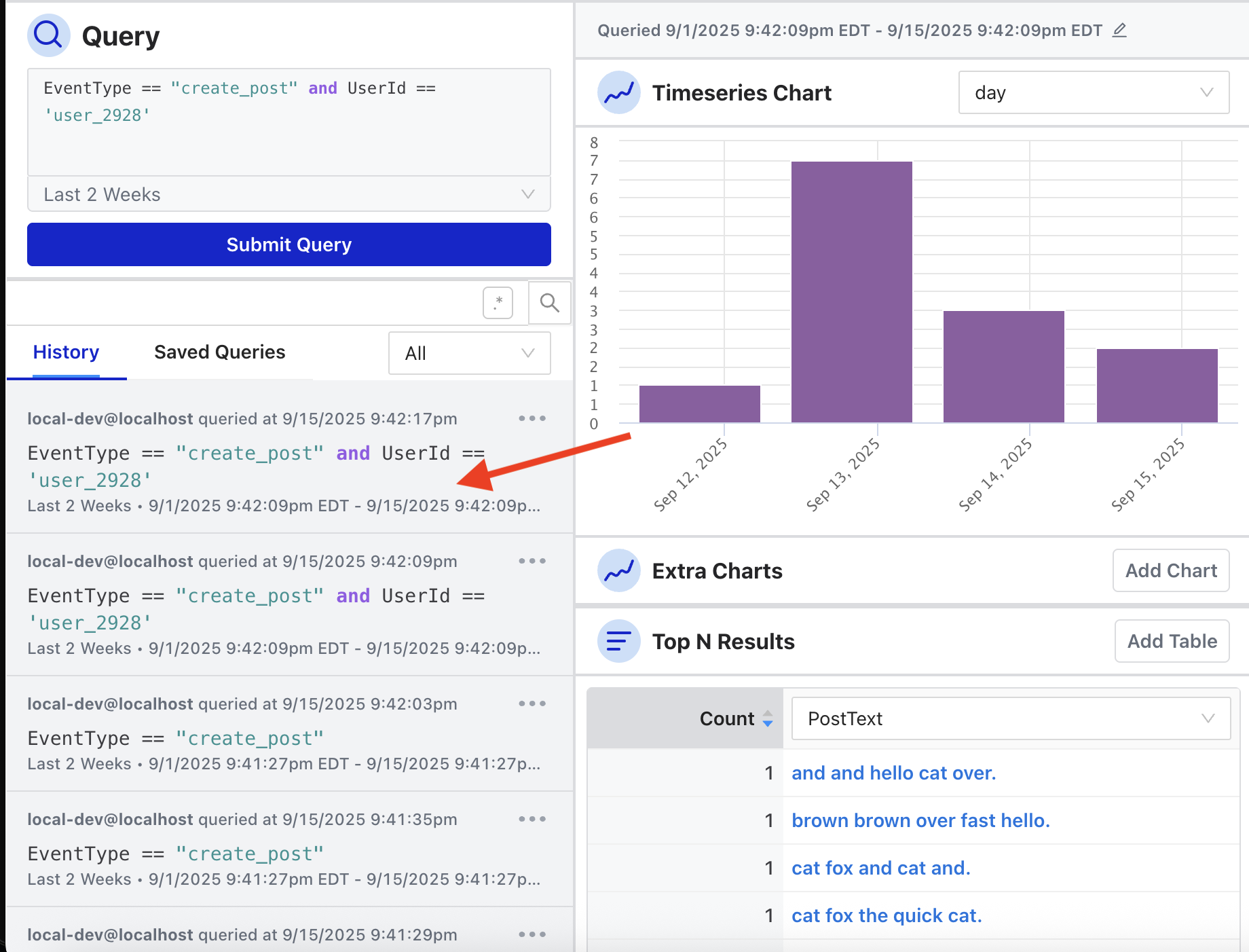 A history entry highlighted in the sidebar’s History tab, showing its query text and original time range beside the results it produced