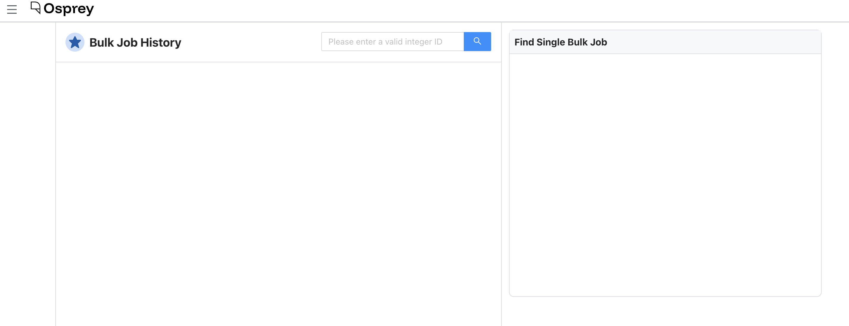 The empty Bulk Job History page: a task ID search field on the left and a Find Single Bulk Job panel on the right