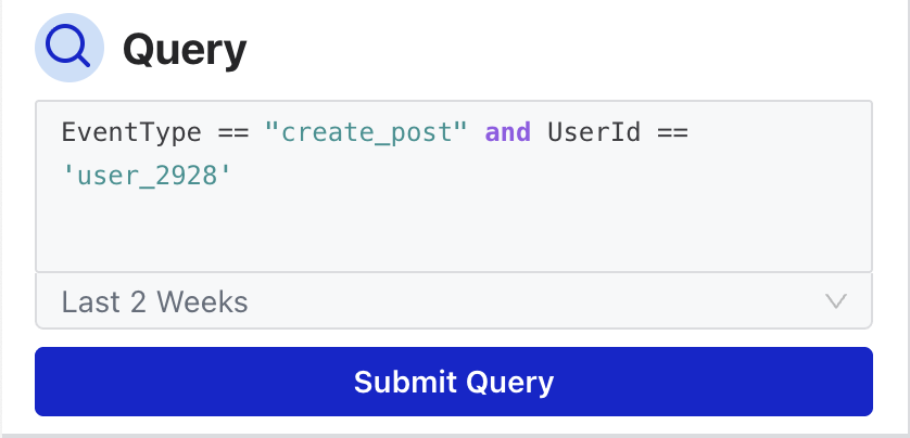 The query input with an SML filter for post-creation events by one user, a Last 2 Weeks time range, and a Submit Query button