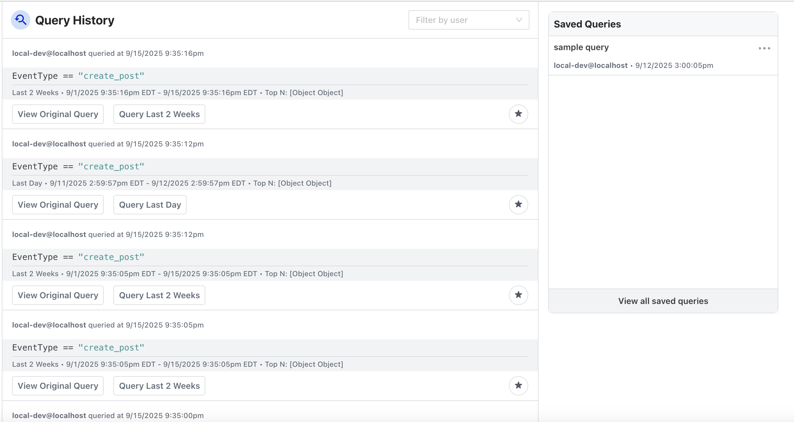 The Query History page listing each query with its text and time range, buttons to view the original query or re-run it, a filter-by-user dropdown, and a Saved Queries sidebar