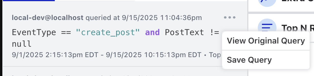The menu on a query history entry, with View Original Query and Save Query options