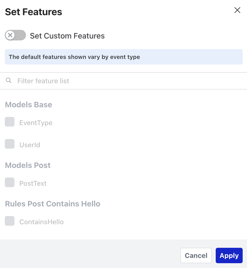 The Set Features modal for the event stream, with a toggle for Set Custom Features and a filterable checklist of features grouped by model and rule