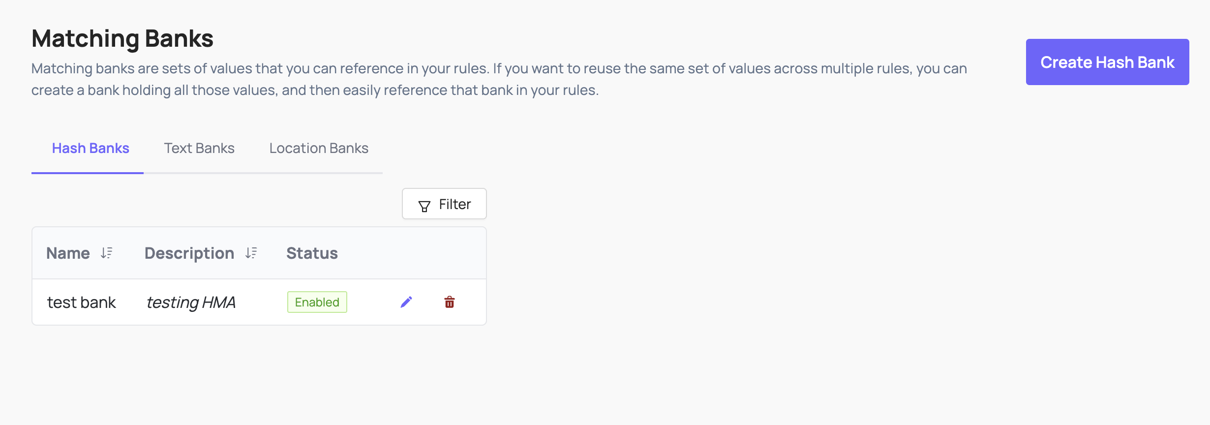 Matching banks page showing a test hash bank created in the Coop UI