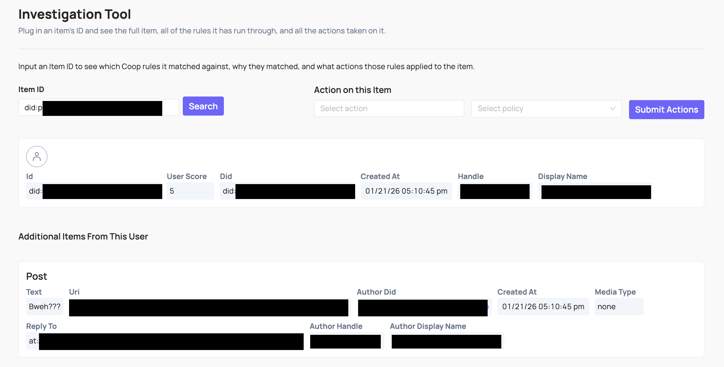 The Investigation tool in Coop with user data redacted. Shows all information Coop knows about a given entity/user.