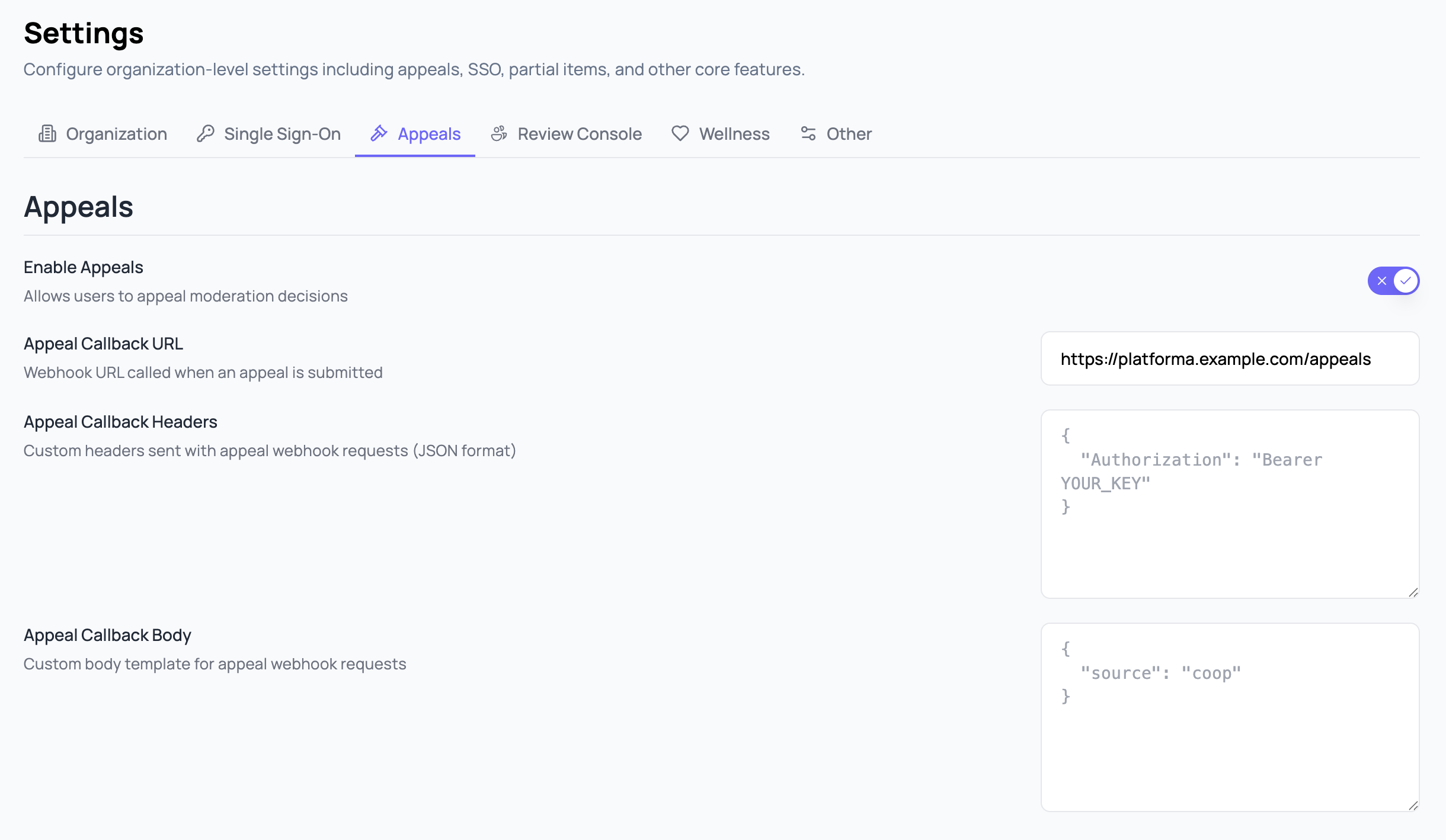 Appeals tab in Settings showing toggle to enable appeals, callback URL, headers, and body fields
